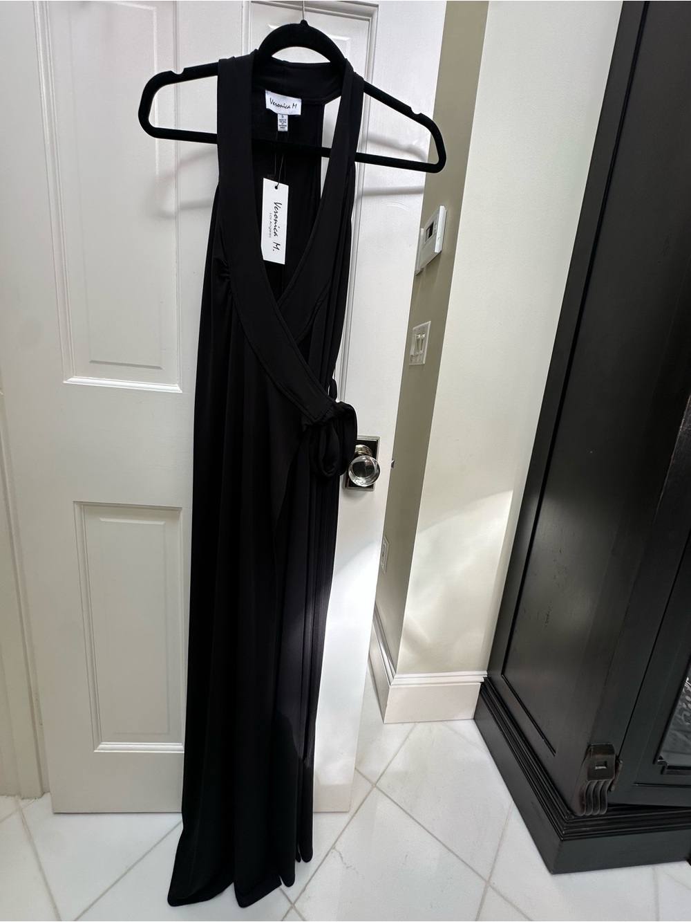 Veronica M Black Halter Wrap Maxi Dress, S, NWT